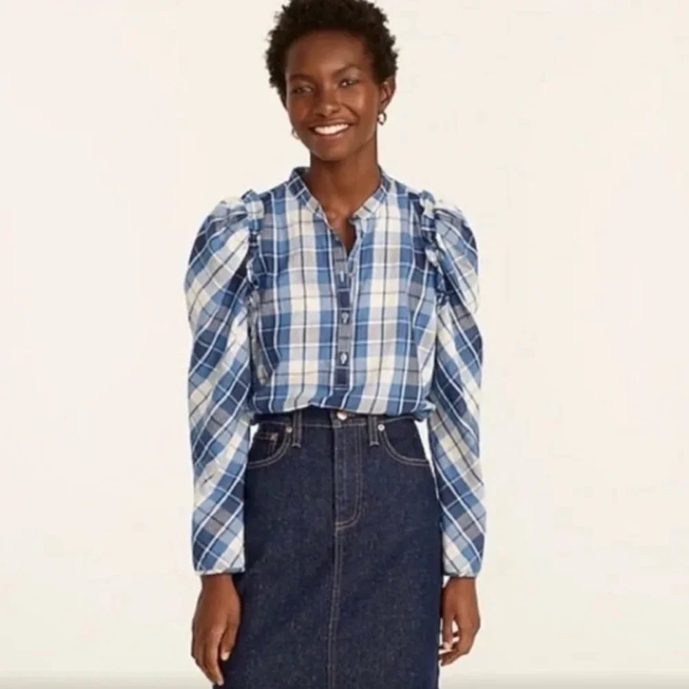 J. Crew Puff-sleeve Top in Valley Plaid Flannel Women’s Size Small